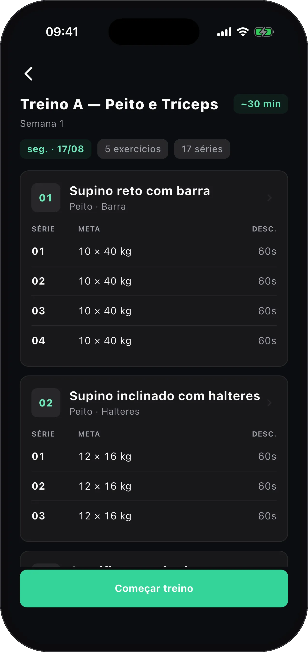 App Treli: treino do dia com exercícios e séries antes de começar.