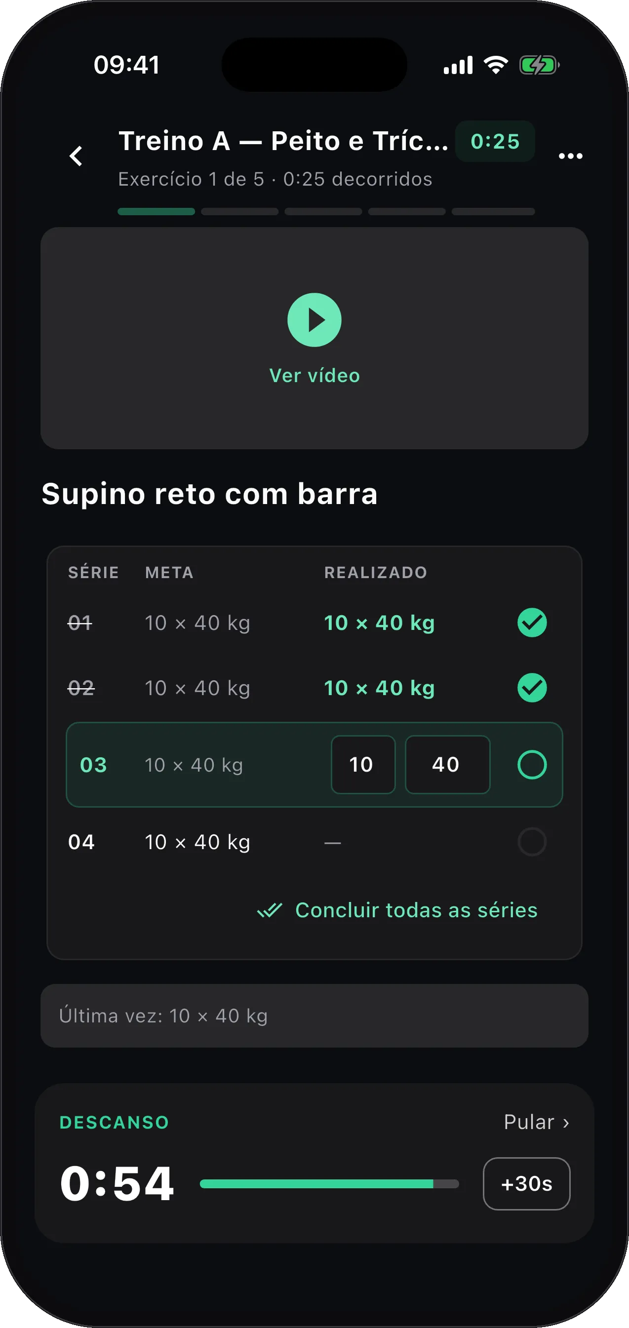 App Treli: execução série a série com timer de descanso.