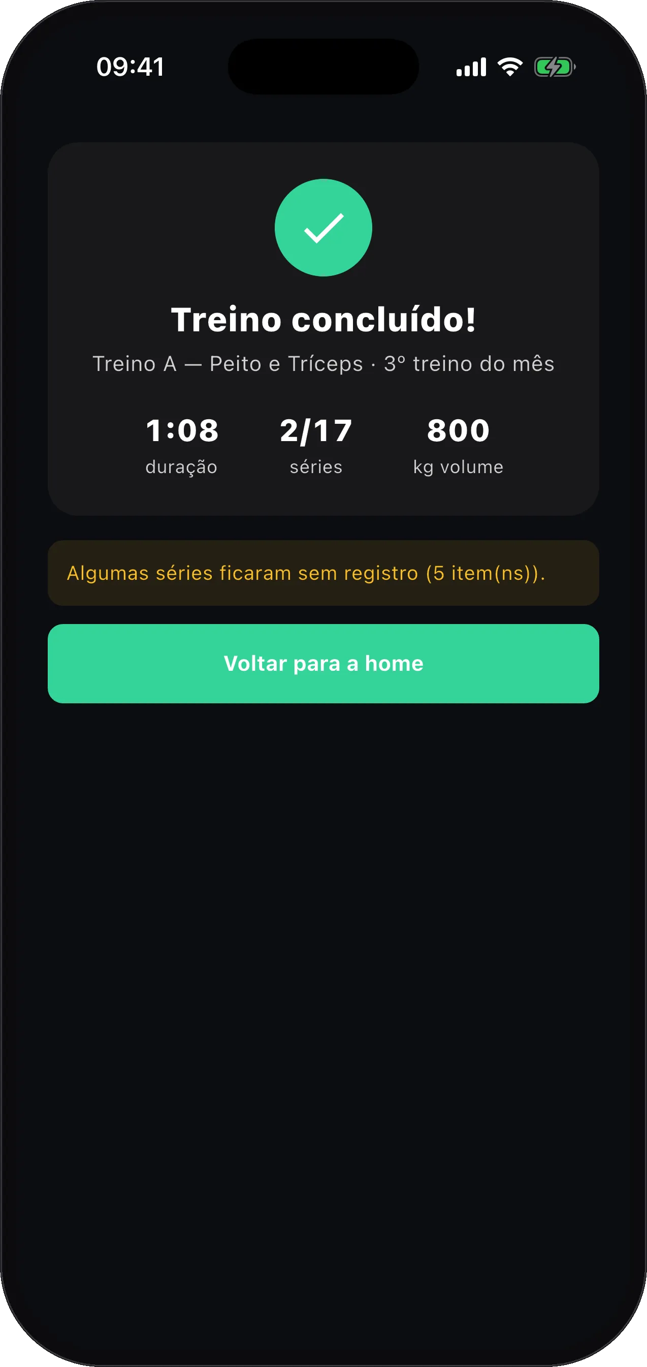 App Treli: resumo do treino concluído com duração, séries e volume.